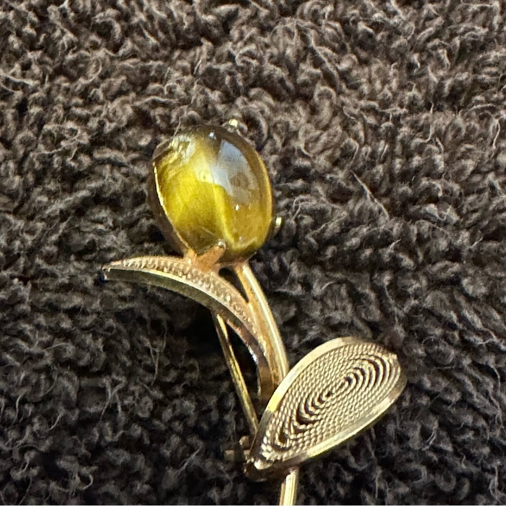 Vintage Tiger’s Eye Leaf Flower Brooch Pin 12/20 Gold Filled - Picture 3 of 5